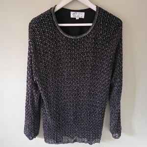 Style De Paris L Vintage 90s Old Money Disco Glam Metallic Beaded Mesh Knit Top